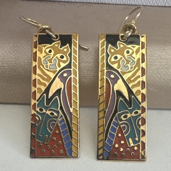 Laurèl Jewelry - Laurel Burch 1980's"Jungle Friends"Gold Cat Bird Cloisonné Dangle Earrings Rare!
